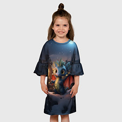 Платье клеш для девочки Маленький дракон на фоне замка, цвет: 3D-принт — фото 2