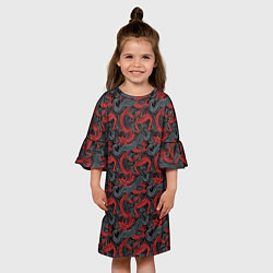 Платье клеш для девочки Красные драконы на сером фоне, цвет: 3D-принт — фото 2
