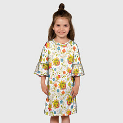 Платье клеш для девочки Хохломская роспись разноцветные цветы на белом фон, цвет: 3D-принт — фото 2