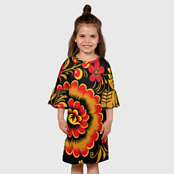 Платье клеш для девочки Хохломская роспись красно-жёлтые цветы на чёрном ф, цвет: 3D-принт — фото 2