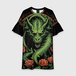Платье клеш для девочки Зеленый яркий неоновый дракон 2024, цвет: 3D-принт