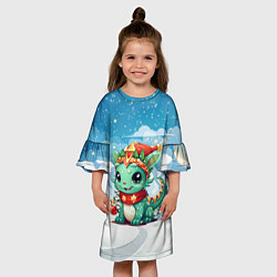 Платье клеш для девочки Дракон на фоне зимних гор, цвет: 3D-принт — фото 2