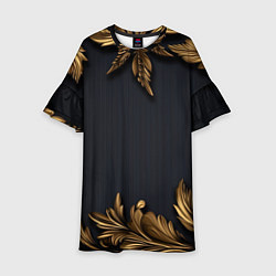 Платье клеш для девочки Золотые объемные листья на черном, цвет: 3D-принт