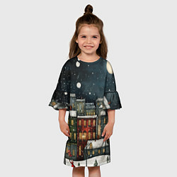 Платье клеш для девочки Новогодний рисованный город, цвет: 3D-принт — фото 2