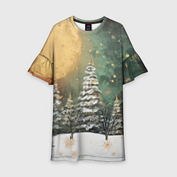 Платье клеш для девочки Большая луна и новогодний лес, цвет: 3D-принт