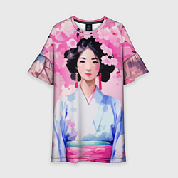 Платье клеш для девочки Ветки сакуры японская гейша, цвет: 3D-принт