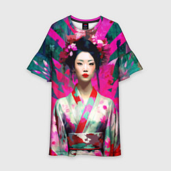 Платье клеш для девочки Сад сакуры - гейша в традиционном японском кимоно, цвет: 3D-принт
