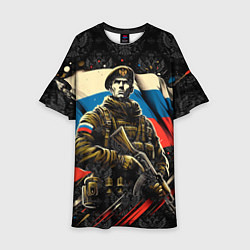 Платье клеш для девочки Русский солдат на фоне флага России, цвет: 3D-принт