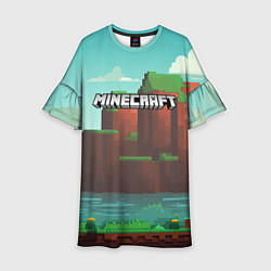Платье клеш для девочки Minecraft logo горы и озеро, цвет: 3D-принт