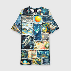 Платье клеш для девочки Космические обитатели - пэчворк, цвет: 3D-принт