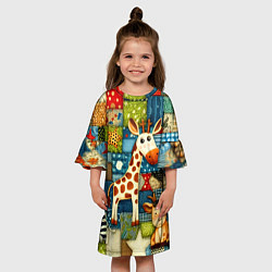 Платье клеш для девочки Жираф и компания - пэчворк нейросеть, цвет: 3D-принт — фото 2