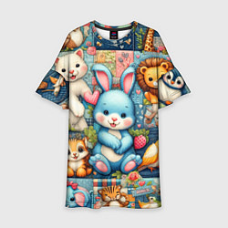 Платье клеш для девочки Funny hare and his friends - patchwork, цвет: 3D-принт