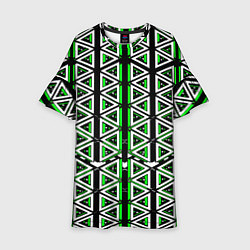 Платье клеш для девочки Бело-зелёные треугольники на чёрном фоне, цвет: 3D-принт