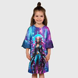 Платье клеш для девочки Кибер ведьма в неоновом городе - нейросеть, цвет: 3D-принт — фото 2