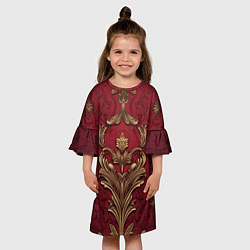 Платье клеш для девочки Объемный золотой узор лепнины на красном текстурно, цвет: 3D-принт — фото 2