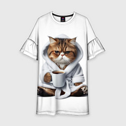 Платье клеш для девочки Котик в халате и кофе, цвет: 3D-принт