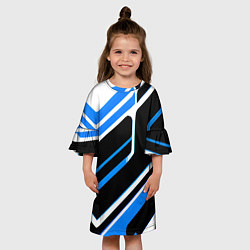 Платье клеш для девочки Бело-синие линии на чёрном фоне, цвет: 3D-принт — фото 2