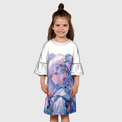 Платье клеш для девочки Девушка в стиле аниме с длинными волосами в розово, цвет: 3D-принт — фото 2