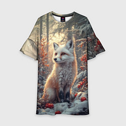 Платье клеш для девочки Лис в зимнем лесу, цвет: 3D-принт