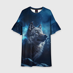 Платье клеш для девочки Голова волка и небо, цвет: 3D-принт