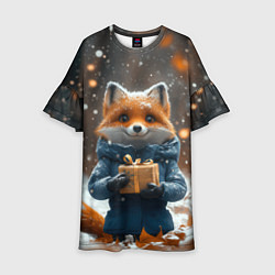 Платье клеш для девочки Лиса с подарком в лесу, цвет: 3D-принт