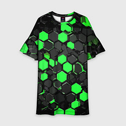Платье клеш для девочки Зелёно-серые шестиугольники на чёрном фоне, цвет: 3D-принт