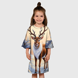 Платье клеш для девочки Олень в зимнем лесу, цвет: 3D-принт — фото 2