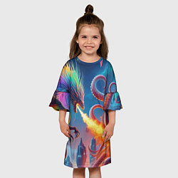 Платье клеш для девочки Огнедышащий дракон против осьминога - нейроарт фан, цвет: 3D-принт — фото 2