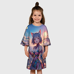 Платье клеш для девочки Аниме в фантастическом городе, цвет: 3D-принт — фото 2