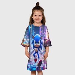 Платье клеш для девочки Sonic в неоновом городе, цвет: 3D-принт — фото 2