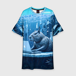 Платье клеш для девочки Капибара программист под водой, цвет: 3D-принт