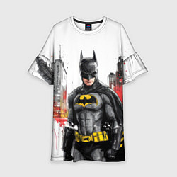 Платье клеш для девочки Бэтмен на фоне города, цвет: 3D-принт