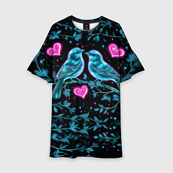 Платье клеш для девочки Неоновые птицы и сердечки, цвет: 3D-принт