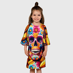 Платье клеш для девочки Цветочный череп среди бананов - нейроарт, цвет: 3D-принт — фото 2