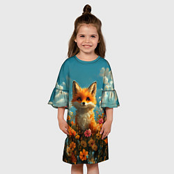 Платье клеш для девочки Лисица в цветочном поле, цвет: 3D-принт — фото 2
