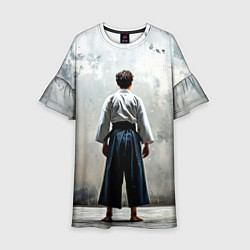 Платье клеш для девочки Боец айкидо на сером, цвет: 3D-принт