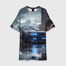 Платье клеш для девочки BMW синие фары дождливая погода, цвет: 3D-принт