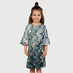 Платье клеш для девочки Бело-синий искажённые абстрактные линии, цвет: 3D-принт — фото 2
