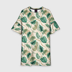 Платье клеш для девочки Листья монстеры на мраморном фоне, цвет: 3D-принт
