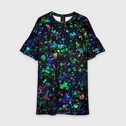 Платье клеш для девочки Чёрный с брызгами сине-зелёными абстракция, цвет: 3D-принт