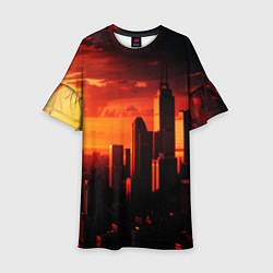 Платье клеш для девочки Стилизованный город оранжевый закат, цвет: 3D-принт