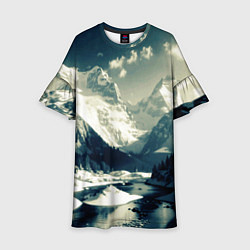 Платье клеш для девочки Река и горы снежные пейзаж, цвет: 3D-принт