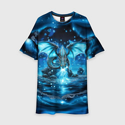 Платье клеш для девочки Водный дракон - голубое сияние, цвет: 3D-принт