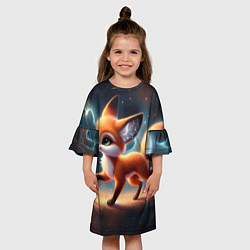 Платье клеш для девочки Лиса бежит по космическому простору, цвет: 3D-принт — фото 2