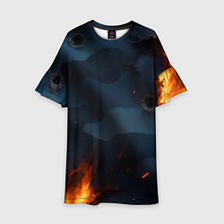 Детское платье Разорванный синий камуфляж с огнем