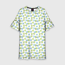 Платье клеш для девочки Мелкие синие цветы ретро на белом фоне, цвет: 3D-принт