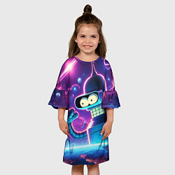 Платье клеш для девочки Bender in neon space - cartoon Futurama, цвет: 3D-принт — фото 2