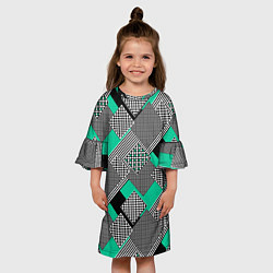 Платье клеш для девочки Черно бирюзовая абстрактная геометрия пэчворк, цвет: 3D-принт — фото 2