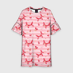 Платье клеш для девочки Красные шарики-собачки на розовых полосках, цвет: 3D-принт