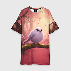 Платье клеш для девочки Сиреневая птица в розовом цветущем лесу, цвет: 3D-принт